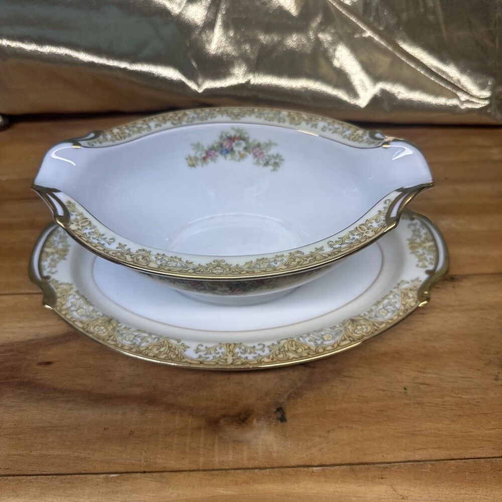 Noritake Loyalo Gravy Boat with attached Underplate floral yellow